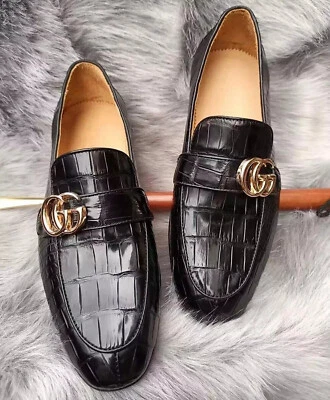 Sapato social masculino feito à mão preto crocodilo jacaré padrão couro slip on sapato - Imagem 1 de 4