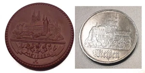 im Doppel: Ansicht Meissen Dom Albrechtsburg Böttger Porzellan + DDR-Gedenkmünze - Bild 1 von 9