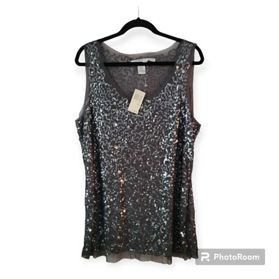 Max Studio Woman Sheer Gray Sequined 100% Nylon Stretch Tunic Size 2X New Tags - Image 1 of 4