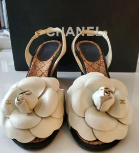 CHANEL Camellia COCO MARK Wedge Sole Sandals Mules Pumps Shoes Women EU 36.5 - Picture 1 of 13