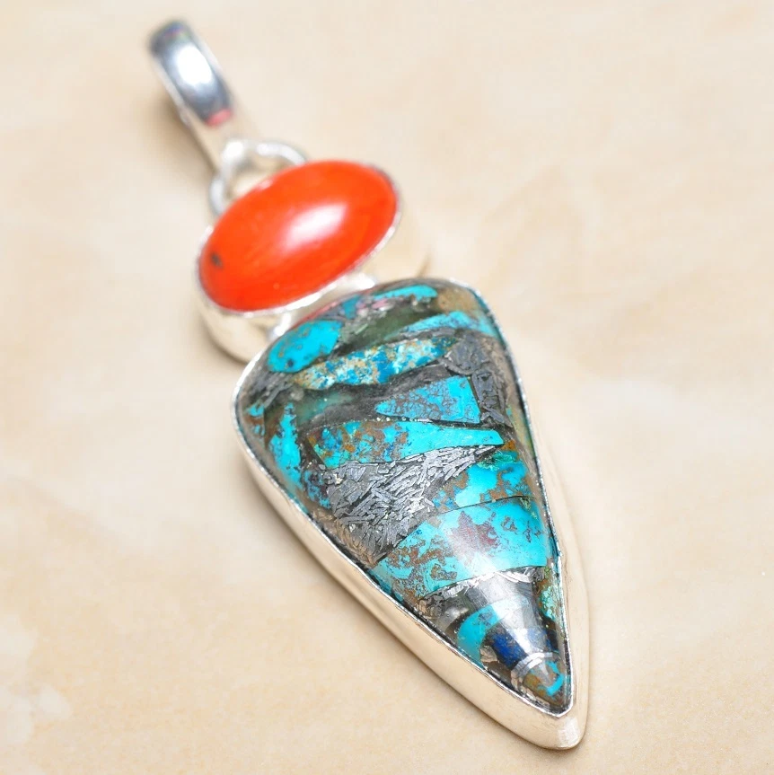 Handgefertigt Türkis Jaspis Edelstein 925 Sterling Silber Anhänger 2.25 " # - Bild 1 von 1