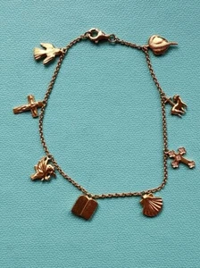 SOLID 18K YELLOW GOLD BIBLE THEME CHARM DIAMOND LINK BRACELET 7.75" - Picture 1 of 20