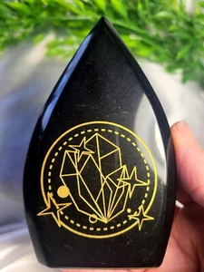 Large 4.2" Beautiful Black Obsidian Engraved Gold Crystals Stars Flame Tower - Imagen 1 de 6