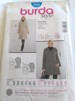 BURDA SEWING PATTERN 7318 Coat Large Collar Or Hood  MISSES 10-20  - Image 1 of 2