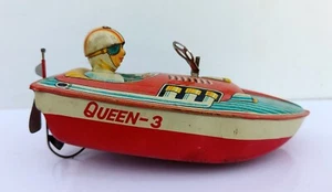 Vintage Old Rare Wind Up San Trade Mark Queen-3 Racing Boat Japanese Tin Toy - Picture 1 of 10