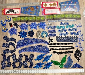 Beaded Applique lot vintage Blue Green Blk Encajes de trajes de Santo Azul 50+ - Picture 1 of 6