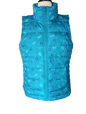Lands' End Floral Quilted Down Vest Womens Medium Teal 600 Fill Camping Outdoors - Image 1 of 4
