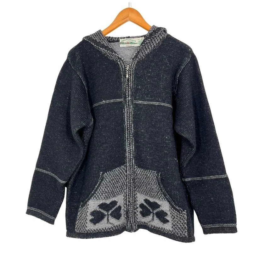 Cárdigan suéter con capucha y cremallera 100 % lana merino Aran Crafts Ireland XL negro gris Foto 1 de 4