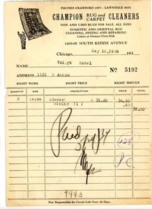 1934 Chicago Champion Rug & Carpet Cleaners Receipt Voigt Hotel - Picture 1 of 2