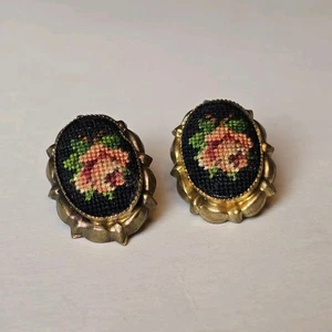 Vintage Victorian Style Floral Petit Needlepoint Clip-On Earrings Rose Austria - Picture 1 of 19