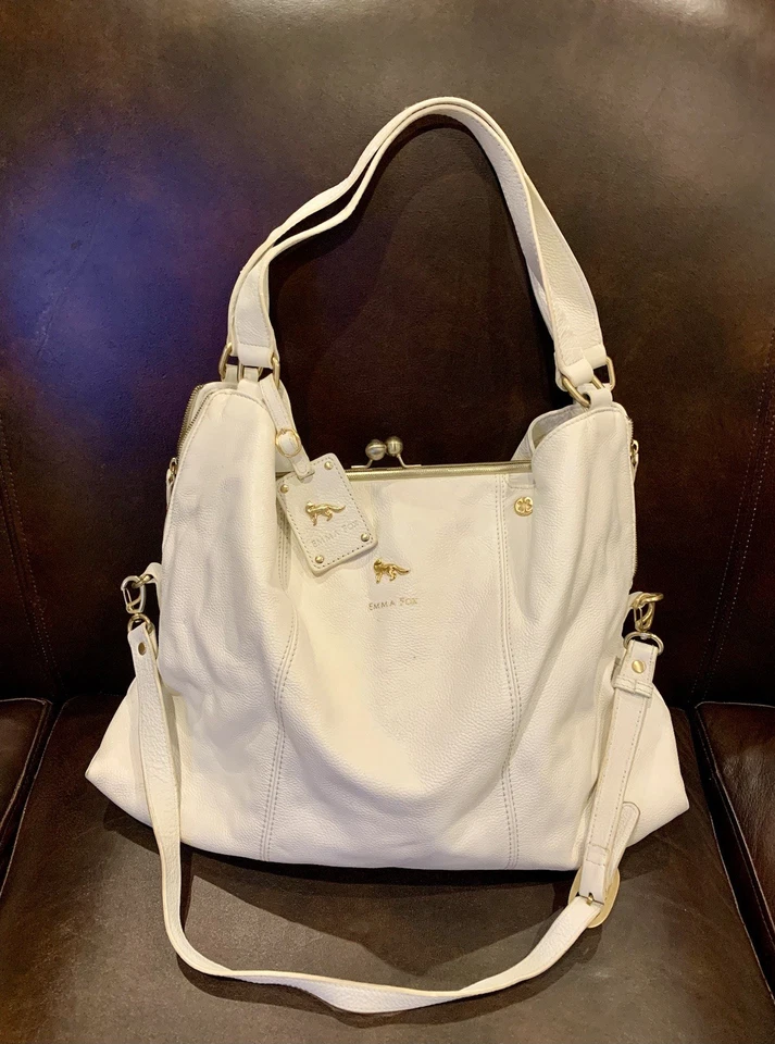 Emma Fox XLarge Kisslock Ivory Pebbled Leather Convertible Shoulder Bag - Image 1 of 4
