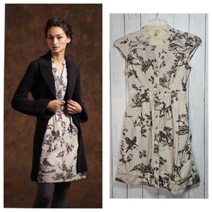 Anthropologie Maeve hellbraun Vogel Hirsch Druck Knopfleiste Cord Biesen Kleid Größe 0 - Bild 1 von 12