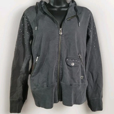 Harley Davidson Full Zip Hooded Sweatshirt Sz M Charcoal Gray Zipper Studs Moto - Image 1 of 4