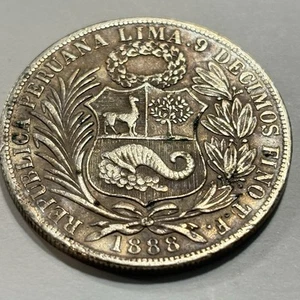 1888 TF Peru 1 Sol - .900 Silver - KM 196.24 -GREAT ORIGINAL COIN BEAUTY - Picture 1 of 6