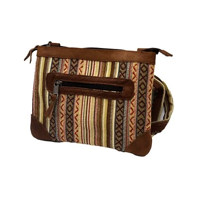 Handcrafted Nepali Cotton and Leather Messenger Bag, Multicolor Stripe Pattern - Image 1 of 4