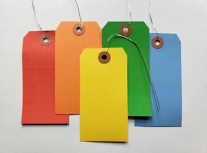 Pack of 100 Manila Red Orange Green Blue Yellow Shipping Wire Strung Tags Sz 5 - Picture 1 of 14