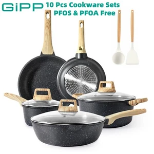 GiPP Nonstick Pots and Pans Set 10 Pcs Granite Kitchen Cookware Sets PFOA Free - Picture 1 of 10