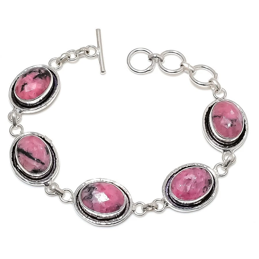 Brazalete de joyería de plata de ley 925 hecho a mano con piedras preciosas de rodonita rosa tamaño 7-8" Foto 1 de 1