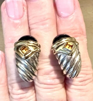 David Yurman Renaissance Shrimp Earrings 925/14k Black Onyx Omega Post - Image 1 of 4