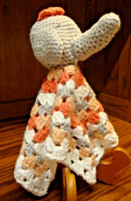 Crochet Elephant Handmade 13x13" Grey White Security Blanket~Floral +Hairbow 902 - Image 1 of 4