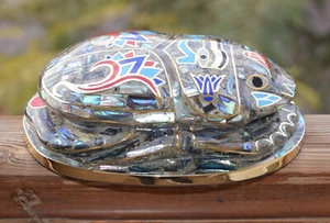 Egyptian large Scarab Beetle Statue-covered with Mother of Pearl-Decorative-6.3" - Picture 1 of 9