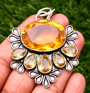 Citrine Gemstone 925 Sterling Silver Handmade Jewelry Pendant With Chain - Picture 1 of 9