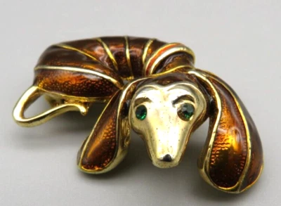 Broche/alfiler perro Duchshund tono dorado/esmalte con ojos de estrás verde Foto 1 de 4