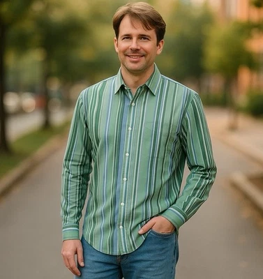 Рубашка мужская большая с длинным рукавом в полоску 100% хлопок зеленая синяя 16-16,5 - Изображение 1 из 4