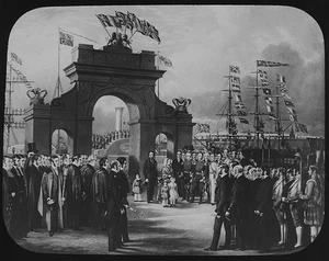 Magic Lantern Slide QUEEN VICTORIA LANDING AT ABERDEEN C1890 ILLUSTRATION - Picture 1 of 5