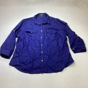 Lauren Ralph Lauren Shirt Women’s Navy 100% Linen Button Down Long Sleeve Airy - Picture 1 of 13