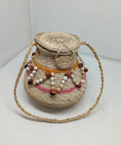Hanging Hand Woven Round Basket with Lid  Strap Dried Seed Accent Purse Planter Cover