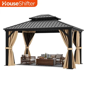 12x10 ft Outdoor Gazebo Hardtop Double Roof Galvanized Steel Nett Curtains Brown - Picture 1 of 10