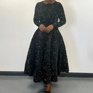 mittellanges Kleid Dress Neu Damen Rundhals Langarm Pailletten High Waist - Bild 1 von 19