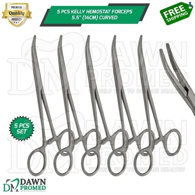 5 Pcs Kelly Hemostat Forceps Curved 5.5" Locking Clamp Surgical Dental German Gr