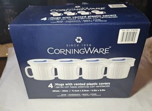 Corning Ware (4) tazze da pasto pop-in BIANCO FRANCESE 20 oz + coperchi ventilati blu plastica - Foto 1 di 15