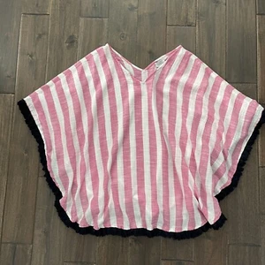 Mud Pie Pink & White Striped Fringe Poncho Cover Up OS - Picture 1 of 5