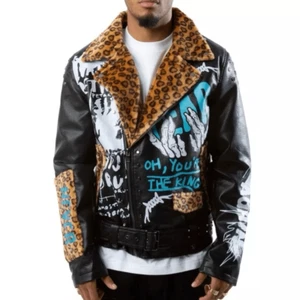Rebel Minds Men's Graffiti Black Faux Leather Leopard Collar Moto Jacket Large - Picture 1 of 16