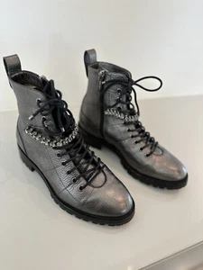 NEW JIMMY CHOO Cruz Combat Boot Metallic Pebble Gunmetal 36.5 Pre-Owned - Picture 1 of 12