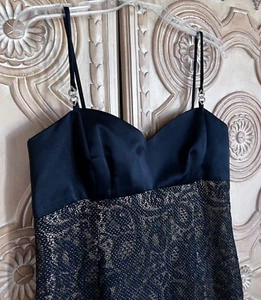 Vintage Huey Waltzer SAKS FIFTH AVE Evening Gown BLACK Satin Lace Dress Sz 12 - Picture 1 of 12
