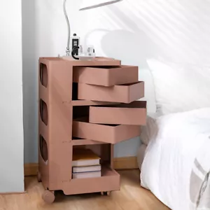 Stylish Bedside Table Fold Out Shelves Nightstand Storage Rotatable Wheels Pink - Picture 1 of 10