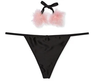 VICTORIA'S SECRET DREAM ANGELS SATIN POM POM V-STRING THONG PANTY XL BLACK NWT - Picture 1 of 6