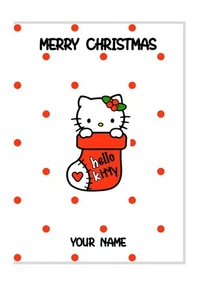 Hello Kitty Themed Christmas Stocking Greetings Card Personalise Name - Picture 1 of 2