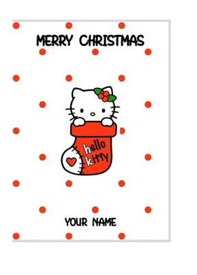 Hello Kitty Themed Christmas Stocking Greetings Card Personalise Name - Image 1 of 2
