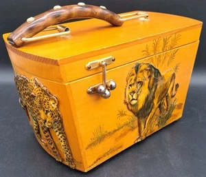Vintage OOAK BOHO Wood Handbag Purse w 3D Decoupaged w Handpainted Accents Lion - Picture 1 of 15