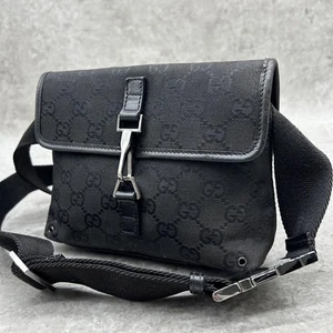 Gucci waist pouch GG pattern canvas leather black shipped from Japan Auth - Picture 1 of 24