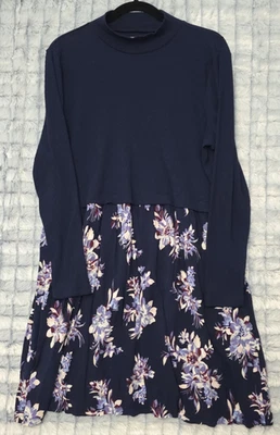 Maurices Navy Blue Rib Knit Sweater Dress Women's 1X Floral Print Casual - Image 1 of 4