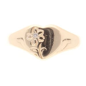 9Carat Yellow Gold Diamond Floral Heart Signet Ring (Size K 1/2) 8mm Widest - Picture 1 of 4