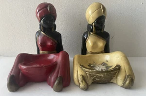Vintage Chalkware Nubian Blackamoor Ashtray Candy Dish Soap Dish Lot of 2 - Picture 1 of 20
