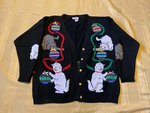 VTG SWEATER LOFT USA CHRISTMAS CARDIGAN BUTTON UP CAT CUTE MADE IN USA 3X - Picture 1 of 17