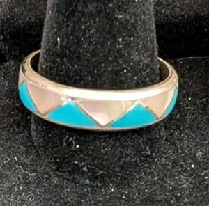 Wedding Bands Sterling & Turquoise and Abalone Native American Sz 11 or 12 - Picture 1 of 5